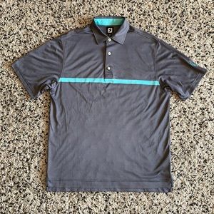 Footjoy Men’s Short Sleeve Grey Golf Shirt Blue Stripe GCC Sleeve Logo Large